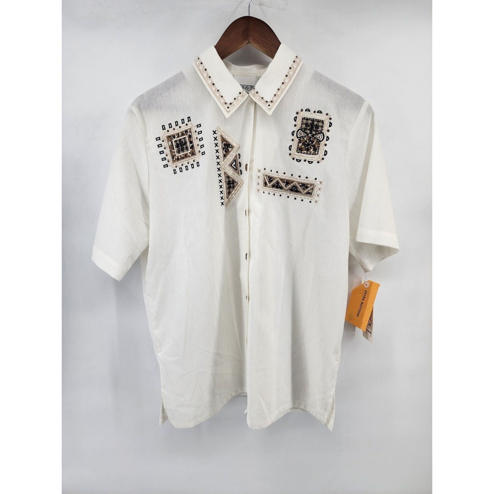 Koret Women Ivory Embroidered Short Sleeve Button Down Blouse Size M NEW